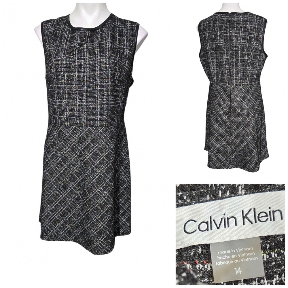 Calvin Klein Womens Black Tweed Faux Leather Trim Fit Flare Dress 14 CD3T2A01